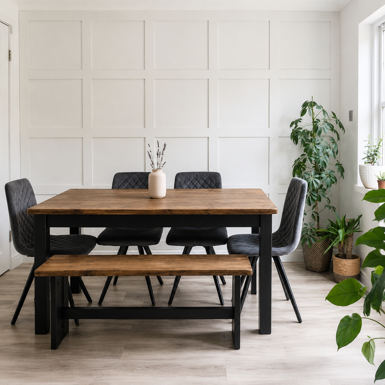 Dining Table, Bench & 4 Chair Set