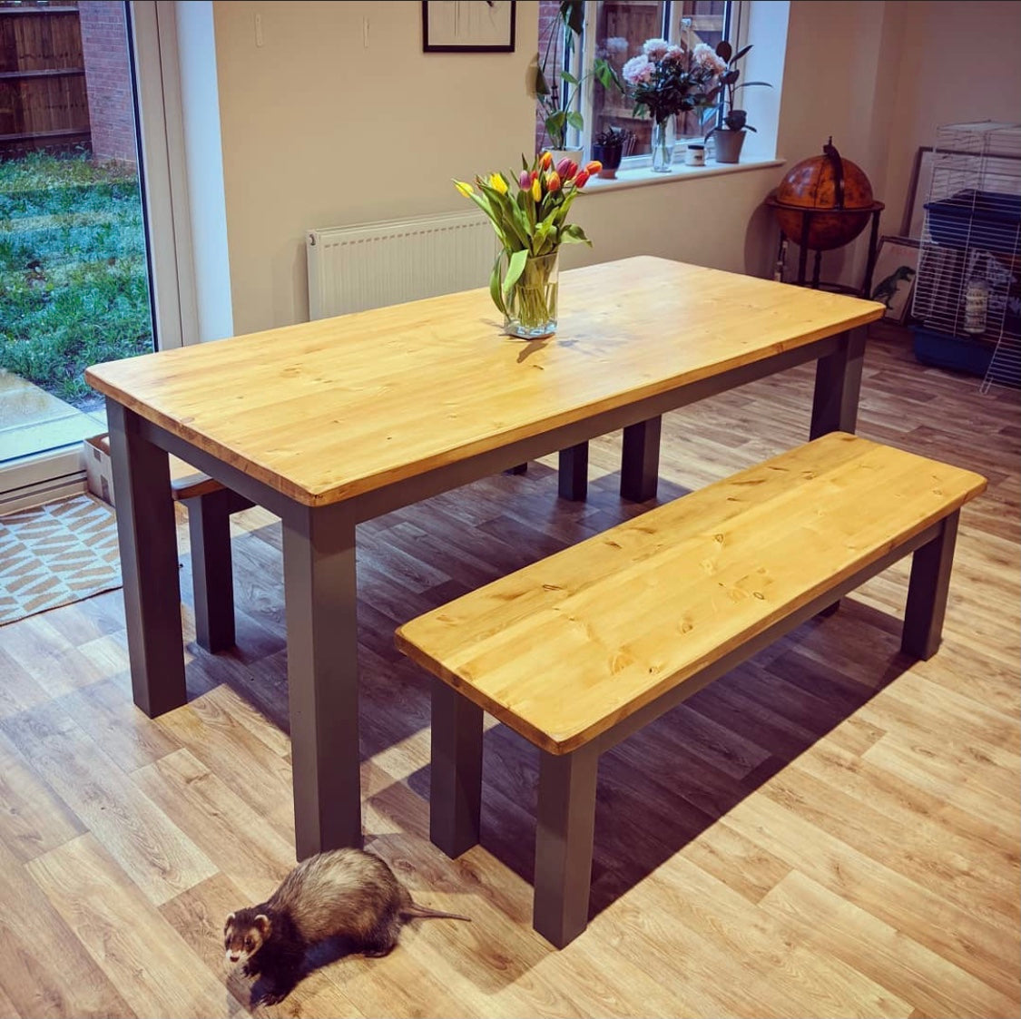 Farmhouse dining table with best sale two benches