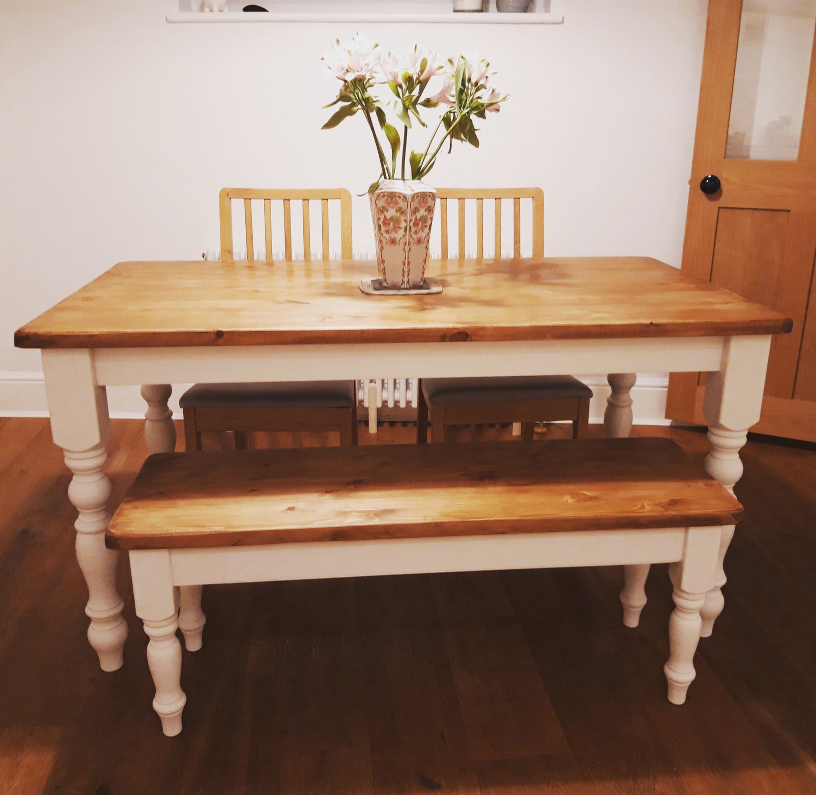 Curvy Farmhouse Dining Table and Bench Bespoke Farmhouse Furniture
