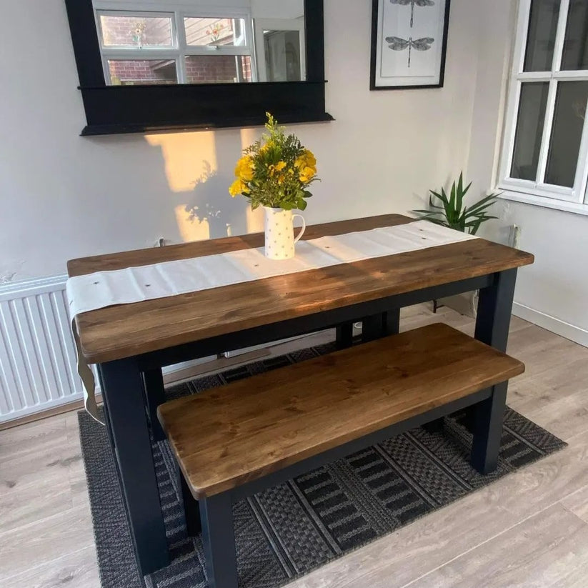 Chunky Farmhouse Dining Table & 2 Chunky Bench Set Bespoke Farmhouse